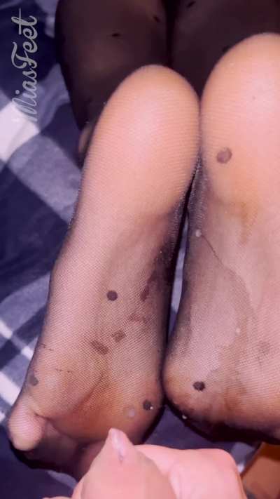 Fucking and cumming on her nylon cover feet