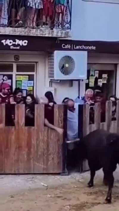 man pisses off bull by hitting horns, gets lifted. gf responds by hitting bull lol