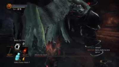 Dealing 21,022 damage to Yhorm in one stagger as pyromancer.