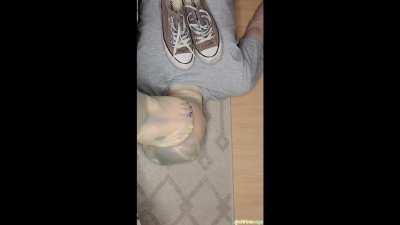 Foot slave endures post workout sweaty gym feet in foot hood, then licks them clean.