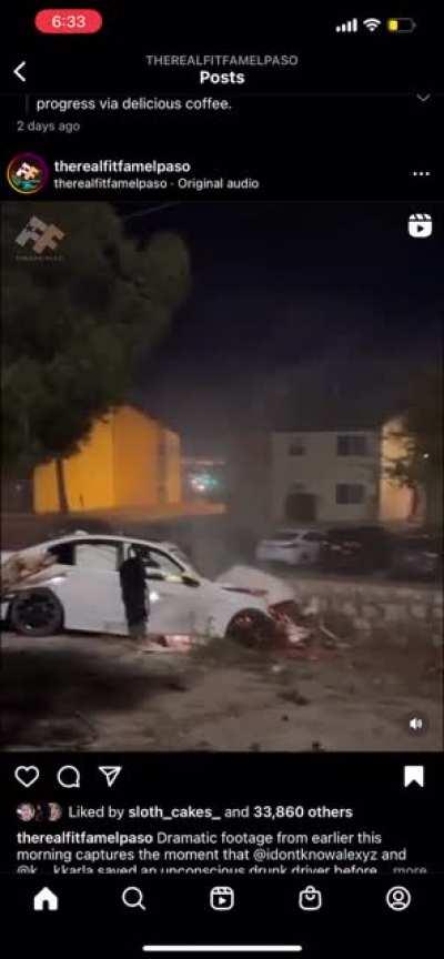 Drunk driver in El Paso, TX saved by couple before car catches fire.