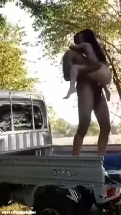 That big black cock was just way too big for her but she is a daring girl and she sucked it and got fucked by it very bravely in public.