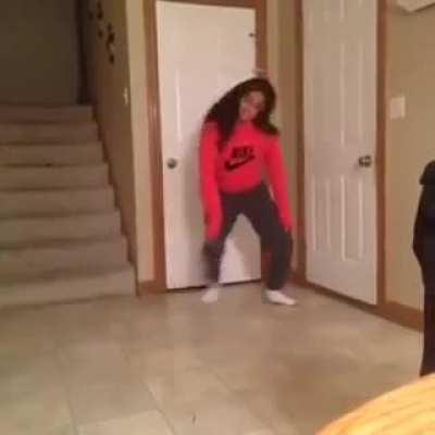 Girl dancing ends up getting hit in the head by the door