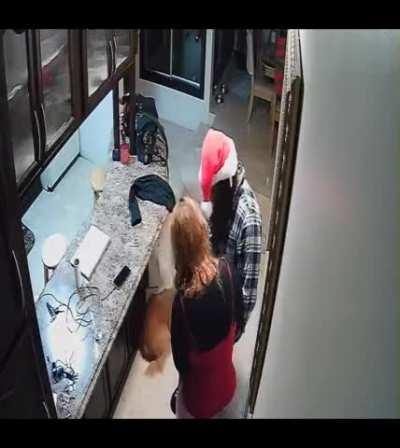 My mom in her underwear helping me out with a Christmas costume