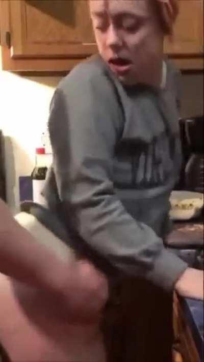 Suprising her in teh kitchen