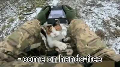 Cat climbs on an Ukrainian soldier operating a drone.
