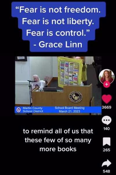 100 year old woman speaks to Martin County School District in Florida to express anger about US government book banning. Her husband died fighting the Nazis who banned books.