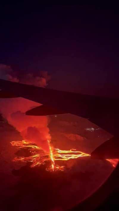 The stunning view of the recent eruption in the Reykjanes peninsula, Iceland, seen from an airliner on February 9, 2024.