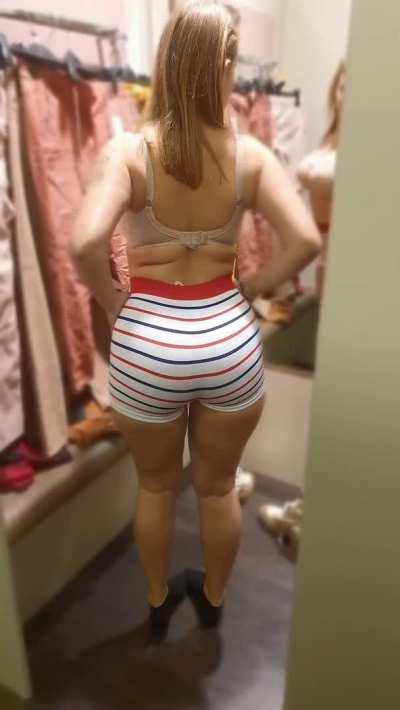 Quick question. You're walking along and you see that the fitting room door at the store is not closed. Would you recommend these shorts to this girl or not? [GIF]