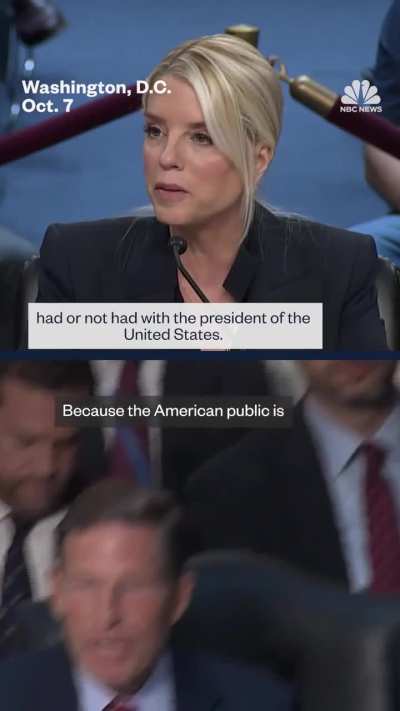 Democratic Sen. Richard Blumenthal asks AG Pam Bondi, who rejected conversations she had with President Trump about indicting former FBI Director Comey: 