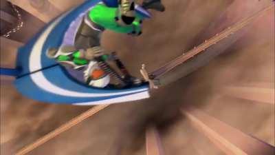 Using the trident to re-enact a scene from Spy Kids 3 (Jumping OVER turbine)