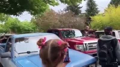 [Hall Of Fame] Antifa/anarcho-leftists illegally marching in the middle of a Portland residential street point guns at a disabled Marine who returns the gesture. Both the Marine and the Antifa group accuse each other of being the aggressor.