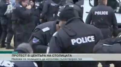 Bulgarian police uses pepper spray on protesters, and the wind blows it back into their faces