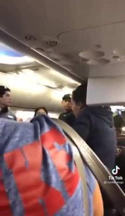 The crowd cheers as he is forcibly removed from the plane