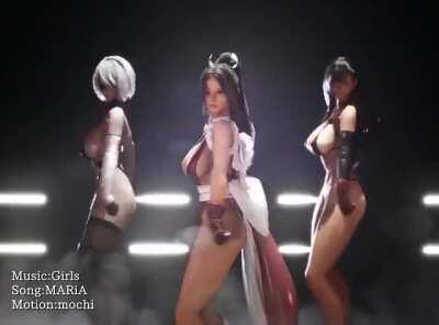 2B And Mai Shiranui Dancing (Tifa Joined) (3D Ikeda) [Nier Automata, KoF, FF7]