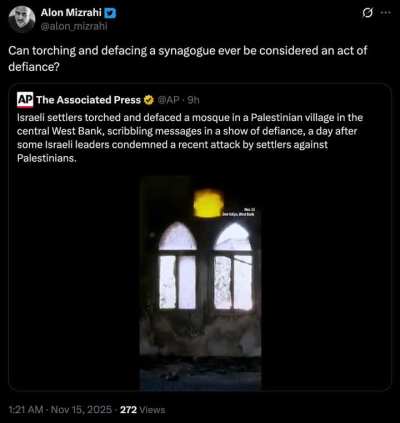 Israeli settler terrorists torched & defaced a mosque in the occupied West Bank. The Associated Press chooses to use the word 'defiance' to describe the hateful graffiti the terrorists left behind.
