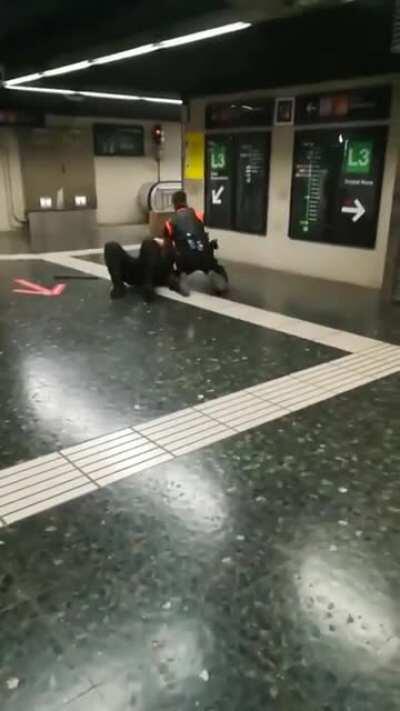 Dos vigilantes del Metro de Barcelona peleándose entre ellos a hostias.