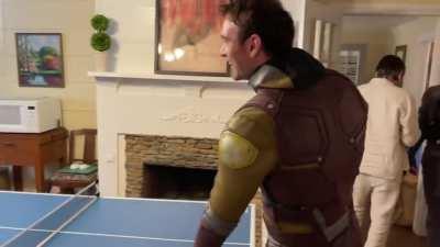 Charlie Cox and Jon Bass play ping pong at Emil’s place with Mark and Tim talking