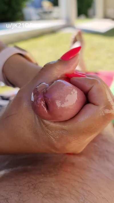 Oily outdoor with sexy red nails!