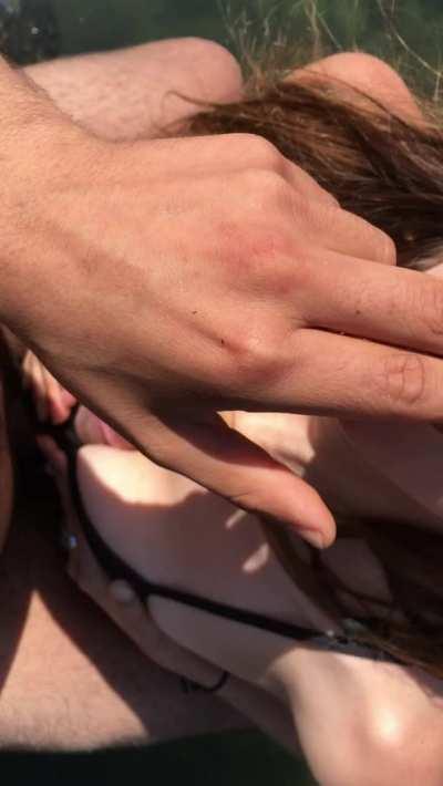 Titty fucking a hot brunette in a tide pool, sneaky