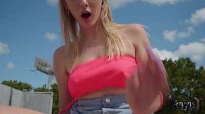 Melody Marks riding in a jean skirt