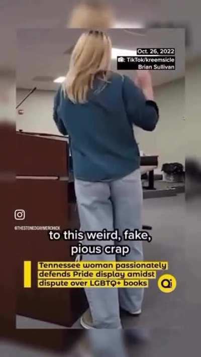 Tennessee woman passionately defends Pride display amidst dispute over LGBTQ+ books.