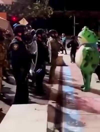 Anti Ice protestor dressed as a frog, does his thing
