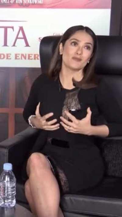Love to sit on the lap of milf Salma Hayek and suck her massive milkers while she lovingly jerking my rock hard cock