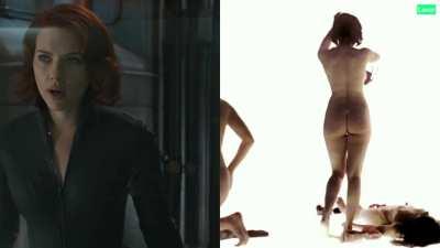 Scarlett Johansson in her Black Widow Suit vs Her Fully Naked