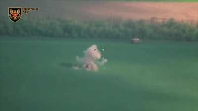 A reconnaissance drone of the Black Forest brigade monitors the destruction of the Buk-M3 air defense system using a kamikaze drone. May 2025, location not disclosed.