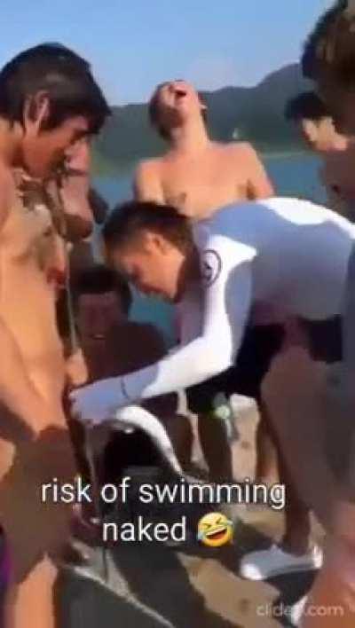 Risks of swimming naked.