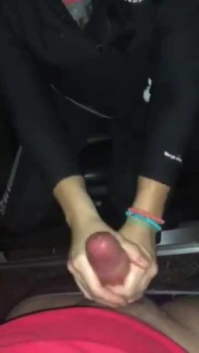 Huge load from handjob onto clothed female