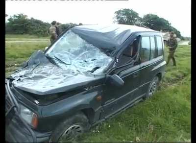 A tank accidentally runs over the crew car of the cameraman filming a safety film in 2019.