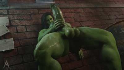 Futanari 🍆 She-Hulk can't resist squirting cum 💦 ropes in a dark alley after getting teased by skimpy villains all day