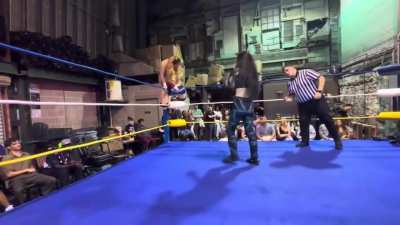 Jazzy Yang gets crotched on the top turnbuckle