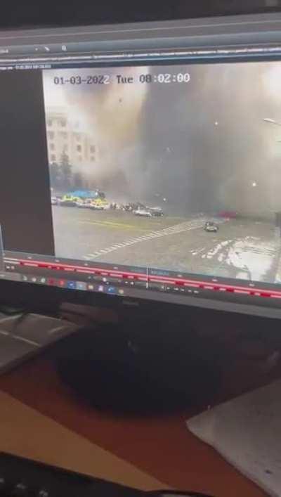 Terrible footage from Kharkiv of what appears to be an MLRS rocket strike in the center of the city.