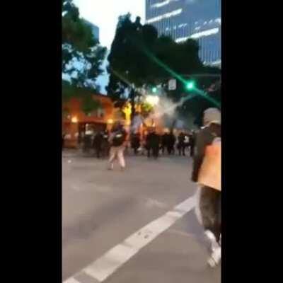 Portland security forces again attacked a crowd of peaceful parents and small children for no reason. They snuck up behind the crowd and shot at them with rubber bullets and tear gas.