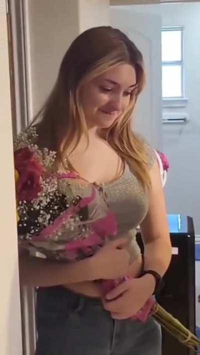 This Girls Boyfriend rode his bike and brought her flowers and a bracelet.