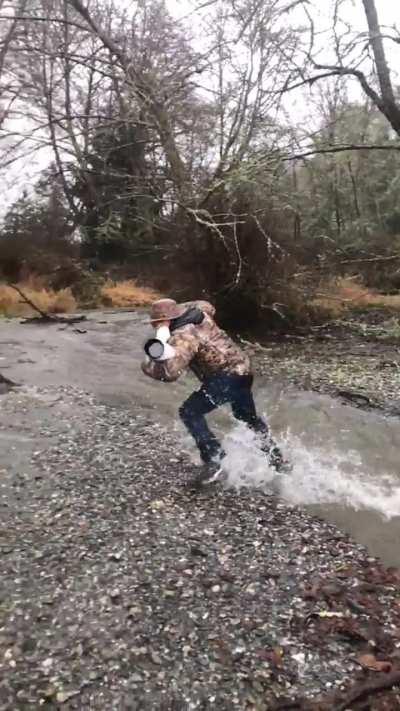 To jump over the river with a large camera