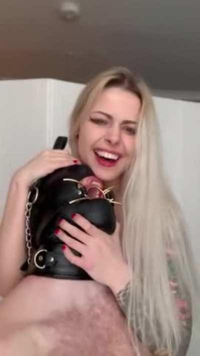 Leashed and made to wear a spider gag so he can’t get away from my spit:)