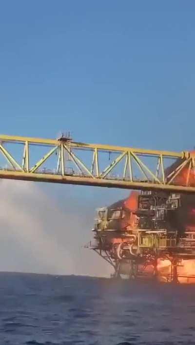 A huge fire on Pemex the Nohoch Alfa oil rig in the Gulf of Mexico.