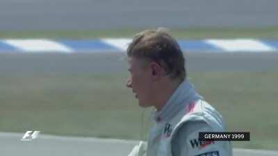 Formula 1 driver Mika Hakkinen tyre explodes while going over 200mph at the Hockenheimring, Germany - August 1st 1999