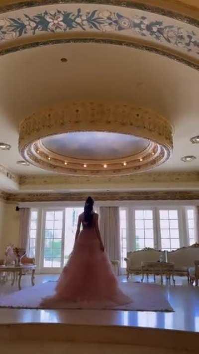 Showing off pink dress for Andrea and Leo