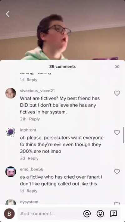 Of course everyone in the comment section is a “system” and a fictive. Cause everyone with a rare disorder has a TikTok and signs off as their “alter”