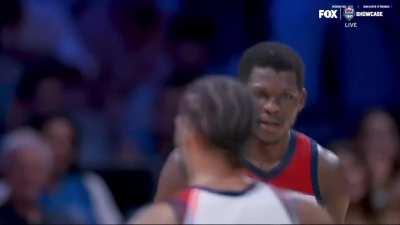 [Highlight] Anthony Edwards starting to take over as he skies for the block at the 3 pt. line and finishes the transition jam (w/ replay).