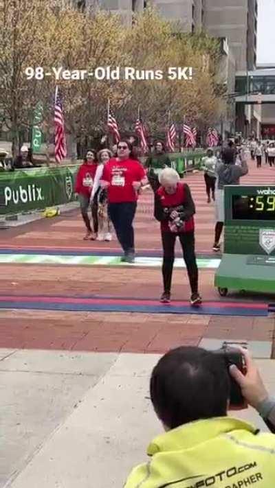 98 year old Betty Lindberg completes the Publix Atlanta 5k marathon in 59 minutes and 6 seconds. She won her age group at the USATF Masters 5k championships.