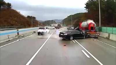 Man's life flashes before his eyes as cars skidding on black ice fly past him like bullets