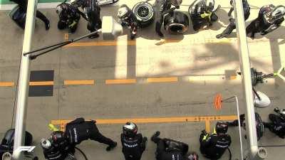 Bird's-eye view of Mercedes' double stack at the British GP