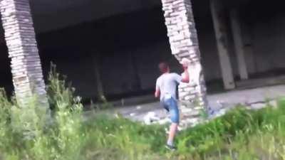 Guy causes the building to fall!