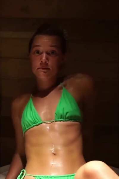 Olivia Ponton glistening abs in the sauna